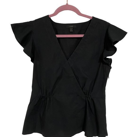 J. Crew Tops - J.‎ Crew Women's Flutter Sleeve Wrap Black Cotton Poplin Blouse Size 6